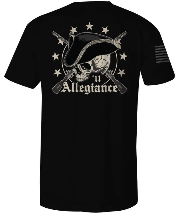 Back of Revolution Tee in black showcasing large colonial skull with tricorn hat, crossed flintlock rifles, and thirteen stars.
