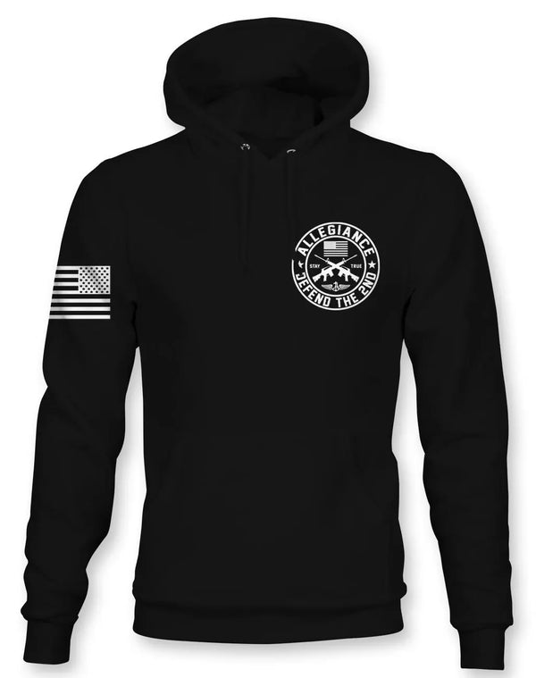 Front view of the black Allegiance Defend the 2nd Hoodie with small chest crest design