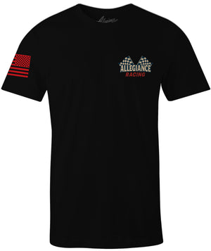 Front view of Allegiance Racing Tee with checkered flag logo and red American flag on sleeve