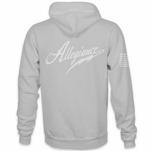 Back view of Allegiance Classic Hoodie in Lunar Rock featuring large white Allegiance script.
