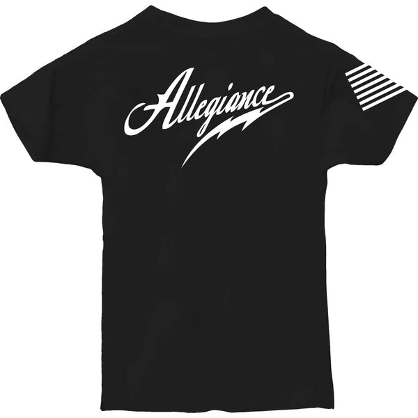 Back view of Allegiance Classic Youth Tee featuring large white Allegiance script graphic.