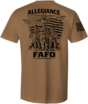 FAFO Premium Tee in coyote brown featuring military operators and American flag back graphic