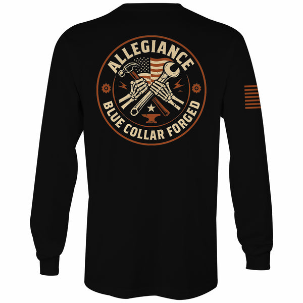 Back view of Allegiance Forged Long Sleeve Tee featuring skeletal hands with wrench and hammer beneath American flag, text “Allegiance Blue Collar Forged”