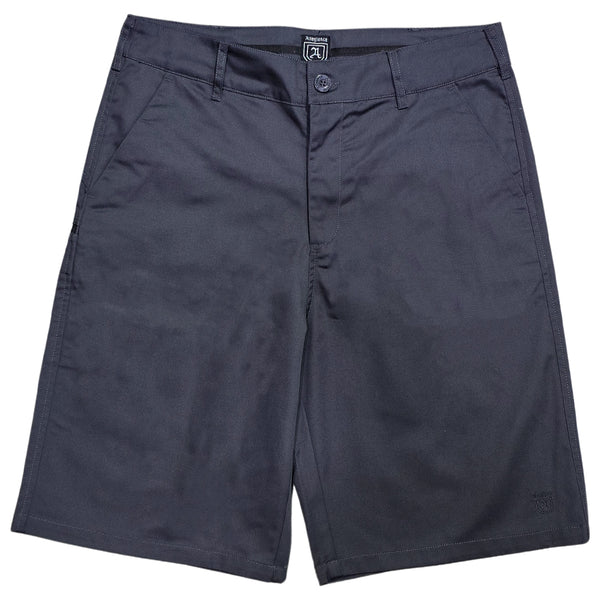 Front of dark charcoal Allegiance Jett Walk Short with embroidered A Crest logo, button waistband, and 65/35 poly-cotton fabric.