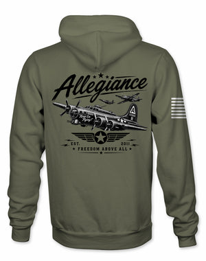 Allegiance Keep Em Flying Hoodie military green with vintage military bomber aircraft back graphic