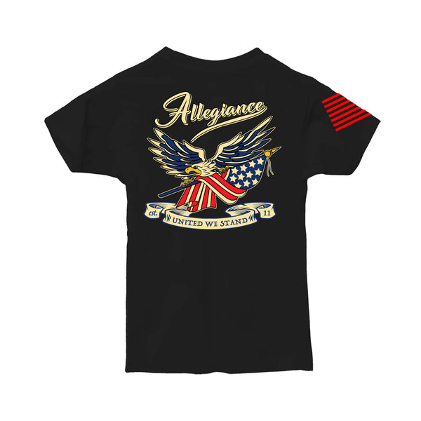 Back view of Loyalty Toddler Tee featuring large eagle holding American flag with United We Stand banner.