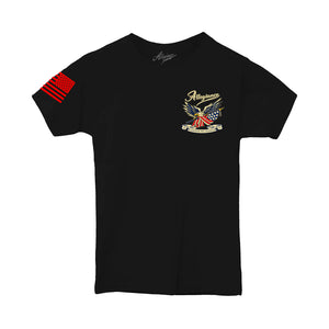 Front view of Loyalty Toddler Tee with eagle and American flag chest graphic and red sleeve flag.