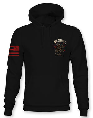 A black pullover hoodie featuring a distressed red and black American flag graphic on the right sleeve and a distressed red and black 'ALLEGIANCE' emblem on the left chest.