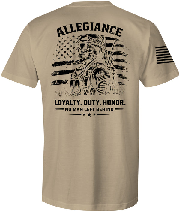 No Man Left Premium Tee in sand featuring operator skull graphic and American flag back design
