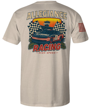 Back view of Allegiance Racing Premium Tee featuring patriotic stock car and checkered flag design with text “Allegiance Racing High Speed”